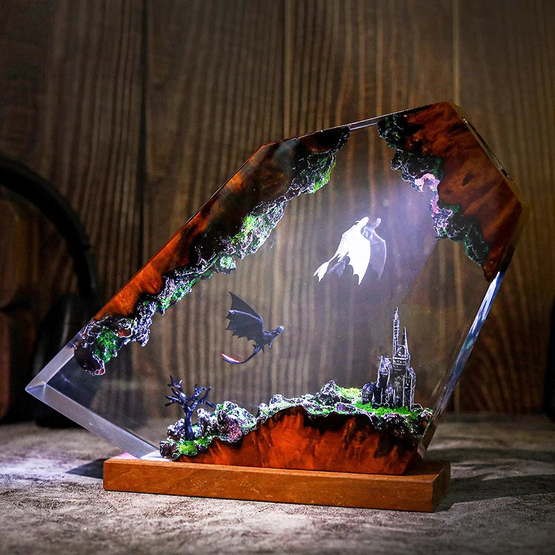 Dragon resin lamp fantasy glowing scene – Woodiny
