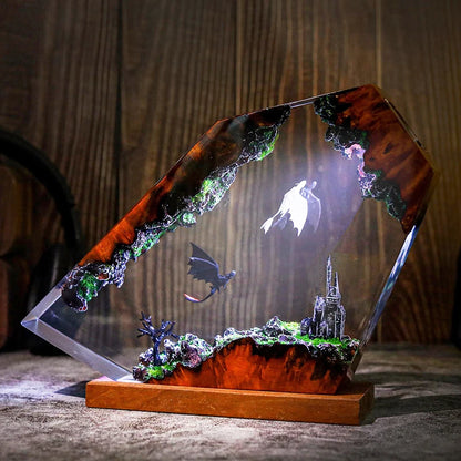 Dragon resin lamp fantasy glowing scene – Woodiny