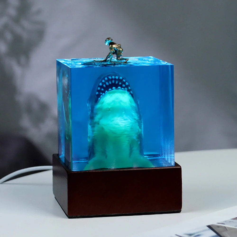 Shark resin lamp glowing underwater scene – Woodiny